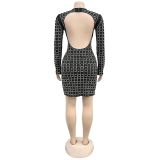 Women Sexy Beaded Long Sleeve Dress