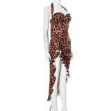 Summer Women's Sexy Low Back Halter Neck Lace-up Asymmetric Leopard Dress