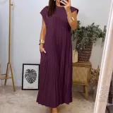Autumn women's elegant fashion Round Neck sleeveless pleated long dress