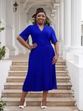 Plus Size Women's Office Summer Short Sleeve Fashion V-Neck High Waist Chic Pleated Long Dress