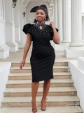 Plus Size fashion women's sexy Ruffle Sleeve Slim Waist Bodycon Beaded Party Evening Dress