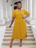 Plus Size Women's Office Summer Short Sleeve Fashion V-Neck High Waist Chic Pleated Long Dress