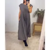 Autumn women's elegant fashion Round Neck sleeveless pleated long dress