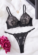 Spring Summer women's sexy double-layer mesh flower embroidery black erotic lingerie set