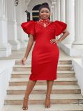 Plus Size fashion women's sexy Ruffle Sleeve Slim Waist Bodycon Beaded Party Evening Dress