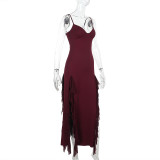Strap Chic V-neck Holidays Slit Ruffle Dress