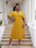 Plus Size Women's Office Summer Short Sleeve Fashion V-Neck High Waist Chic Pleated Long Dress