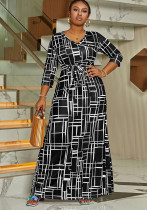 Plus Size Women's V-Neck Three-quarter Sleeve Bohemian Beach Long Dress