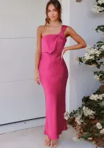 Women's sleeveless one-shoulder long dress satin Formal Party fishtail evening dress