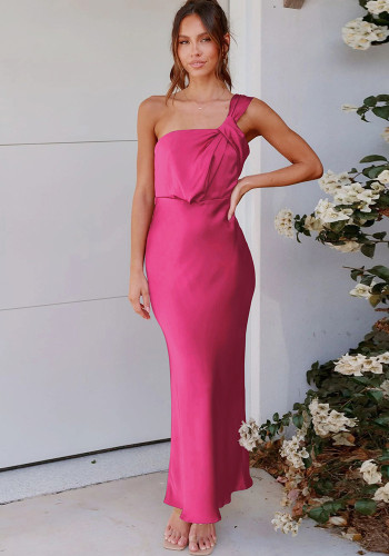 Women's sleeveless one-shoulder long dress satin Formal Party fishtail evening dress