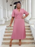 Plus Size Women's Office Summer Short Sleeve Fashion V-Neck High Waist Chic Pleated Long Dress