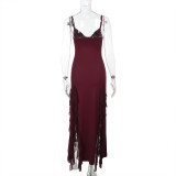 Strap Chic V-neck Holidays Slit Ruffle Dress
