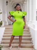 Plus Size fashion women's sexy Ruffle Sleeve Slim Waist Bodycon Beaded Party Evening Dress