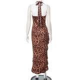Summer Women's Sexy Low Back Halter Neck Lace-up Asymmetric Leopard Dress