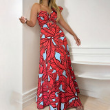 Spring fashion elegant sexy printed high waist strap hollow long dress