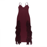 Strap Chic V-neck Holidays Slit Ruffle Dress