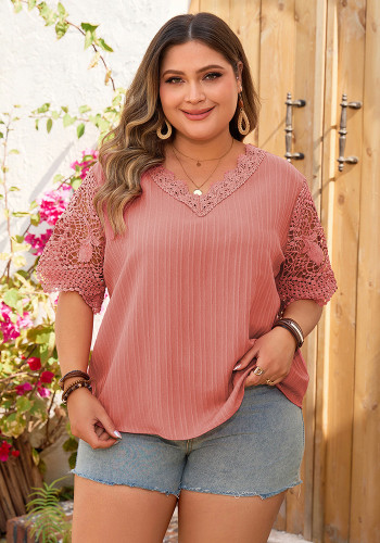 Summer Plus Size T-shirt solid color short-sleeved hollow print v-neck top