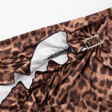Summer Women's Sexy Low Back Halter Neck Lace-up Asymmetric Leopard Dress