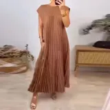 Autumn women's elegant fashion Round Neck sleeveless pleated long dress
