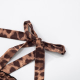 Summer Women's Sexy Low Back Halter Neck Lace-up Asymmetric Leopard Dress