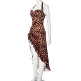 Summer Women's Sexy Low Back Halter Neck Lace-up Asymmetric Leopard Dress