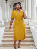 Plus Size Women's Office Summer Short Sleeve Fashion V-Neck High Waist Chic Pleated Long Dress