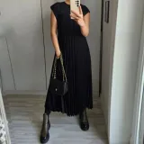 Autumn women's elegant fashion Round Neck sleeveless pleated long dress