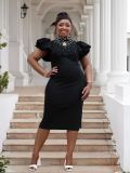 Plus Size fashion women's sexy Ruffle Sleeve Slim Waist Bodycon Beaded Party Evening Dress