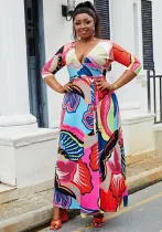 Plus Size Women's V-Neck Half-Sleeve Slit Bohemian Beach Long Dress