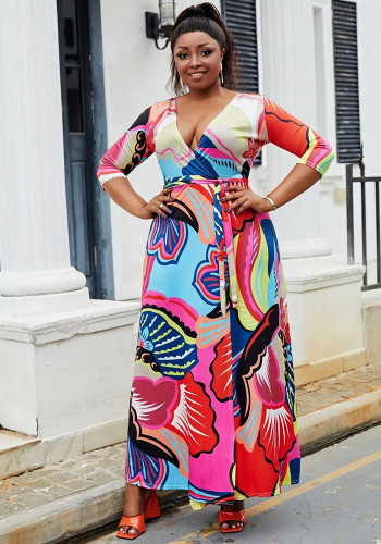 Plus Size Women's V-Neck Half-Sleeve Slit Bohemian Beach Long Dress
