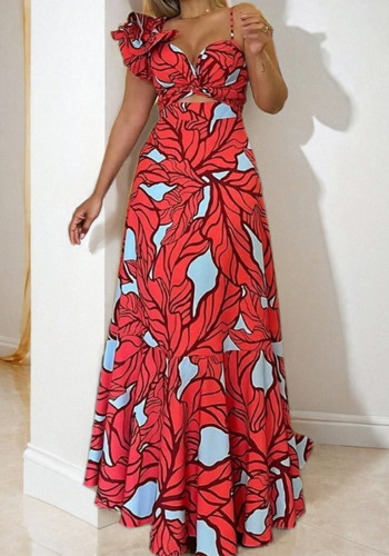 Spring fashion elegant sexy printed high waist strap hollow long dress