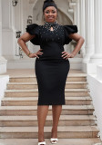 Plus Size fashion women's sexy Ruffle Sleeve Slim Waist Bodycon Beaded Party Evening Dress