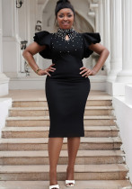 Plus Size fashion women's sexy Ruffle Sleeve Slim Waist Bodycon Beaded Party Evening Dress