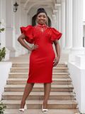 Plus Size fashion women's sexy Ruffle Sleeve Slim Waist Bodycon Beaded Party Evening Dress