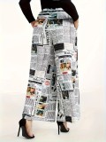 Fashionable trendy prints elastic high waist Casual loose straight Pants