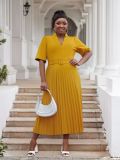 Plus Size Women's Office Summer Short Sleeve Fashion V-Neck High Waist Chic Pleated Long Dress