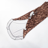 Summer Women's Sexy Low Back Halter Neck Lace-up Asymmetric Leopard Dress