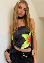 Women's Off Shoulder Flower Print Slim Fit Strapless Top for Women