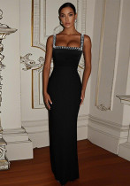 Women Slim Fit Solid Color Chic Pearl Bodycon Long Dress