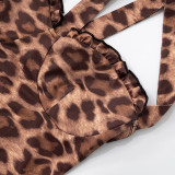 Summer Women's Sexy Low Back Halter Neck Lace-up Asymmetric Leopard Dress