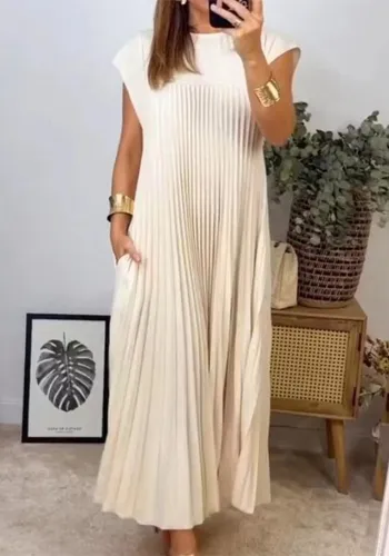Autumn women's elegant fashion Round Neck sleeveless pleated long dress