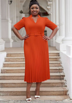 Plus Size Women's Office Summer Short Sleeve Fashion V-Neck High Waist Chic Pleated Long Dress