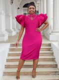 Plus Size fashion women's sexy Ruffle Sleeve Slim Waist Bodycon Beaded Party Evening Dress