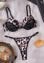 Women's sexy lingerie See-Through Leopard print bra thong two-piece set
