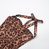 Summer Women's Sexy Low Back Halter Neck Lace-up Asymmetric Leopard Dress