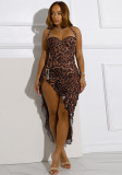 Summer Women's Sexy Low Back Halter Neck Lace-up Asymmetric Leopard Dress