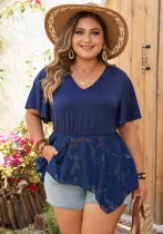 Plus Size spring and summer women's loose v-neck irregular print top