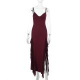 Strap Chic V-neck Holidays Slit Ruffle Dress