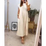 Autumn women's elegant fashion Round Neck sleeveless pleated long dress
