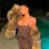 Summer Women's Sexy Low Back Halter Neck Lace-up Asymmetric Leopard Dress